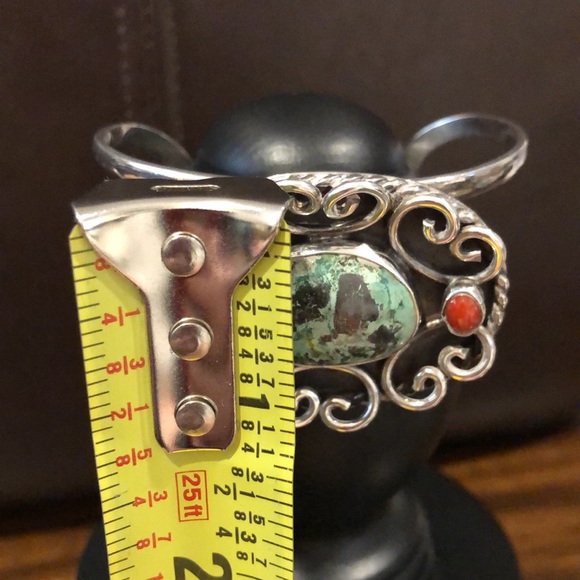 VINTAGE Sterling Silver Turquoise Coral Cuff Bangle Bracelet - Picture 7 of 11